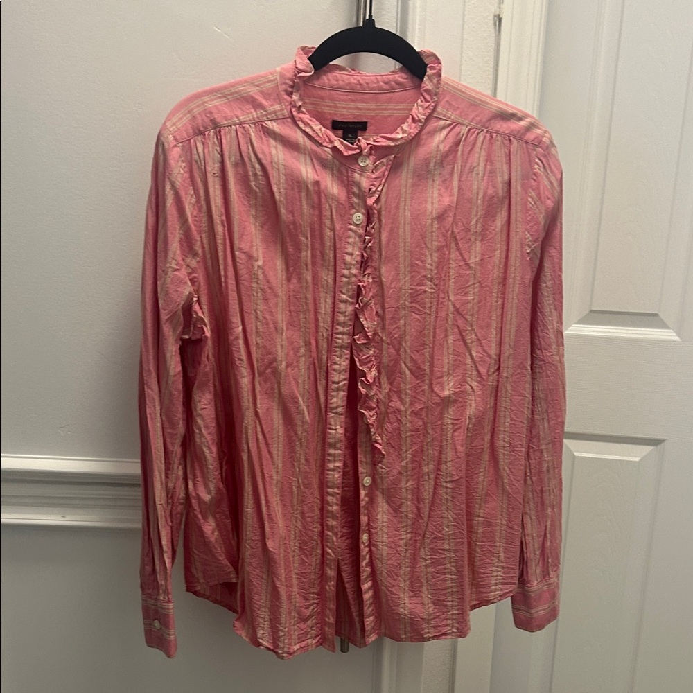 Ann Taylor Pink Striped Ruffle Blouse